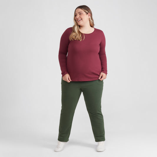 Camiseta Babylook Algodão Premium Manga Longa Gola C Plus Feminina - Vermelho Vinho