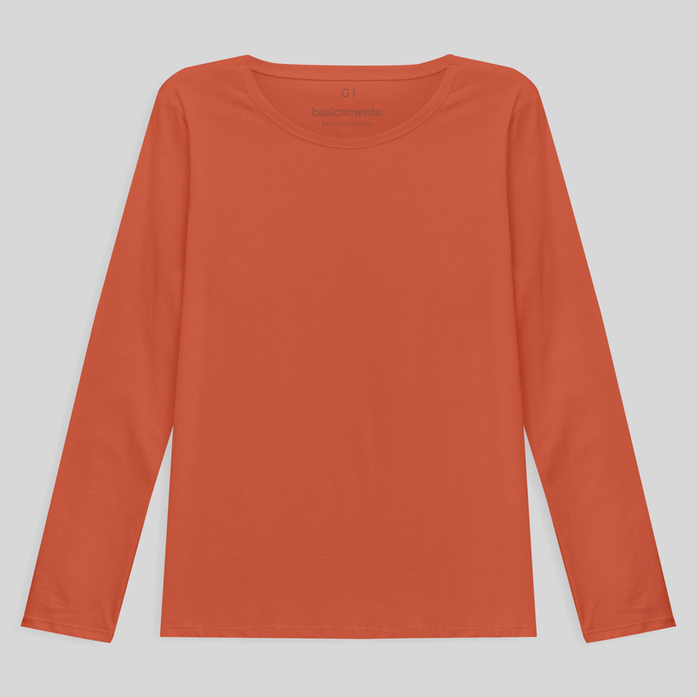 Camiseta Babylook Algodão Premium Manga Longa Gola C Plus Feminina - Laranja Coral