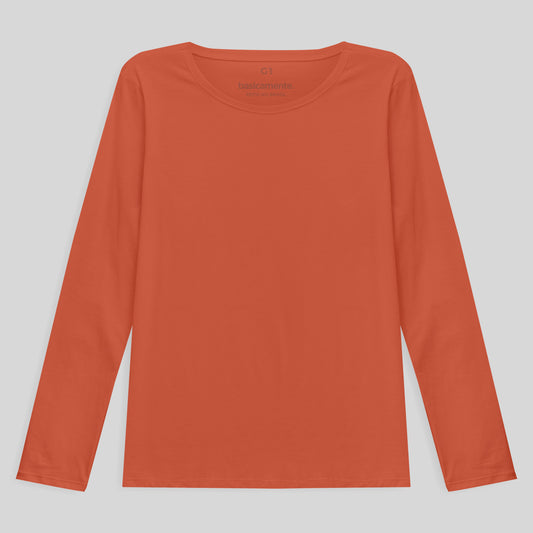 Camiseta Babylook Algodão Premium Manga Longa Gola C Plus Feminina - Laranja Coral