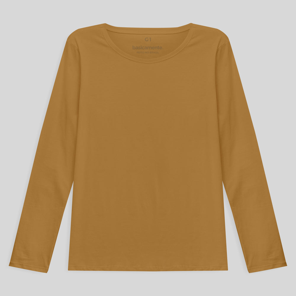 Camiseta Babylook Algodão Premium Manga Longa Gola C Plus Feminina - Ocre