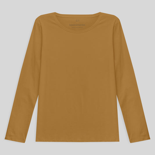 Camiseta Babylook Algodão Premium Manga Longa Gola C Plus Feminina - Ocre