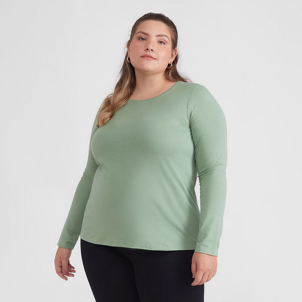 Camiseta Babylook Algodão Premium Manga Longa Gola C Plus Feminina - Verde Jade