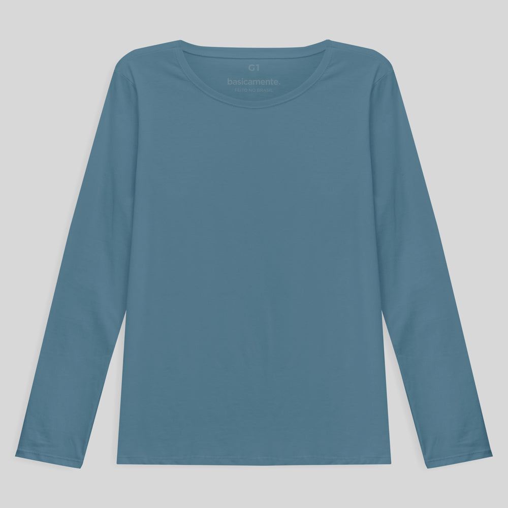 Camiseta Babylook Algodão Premium Manga Longa Gola C Plus Feminina - Azul Celeste