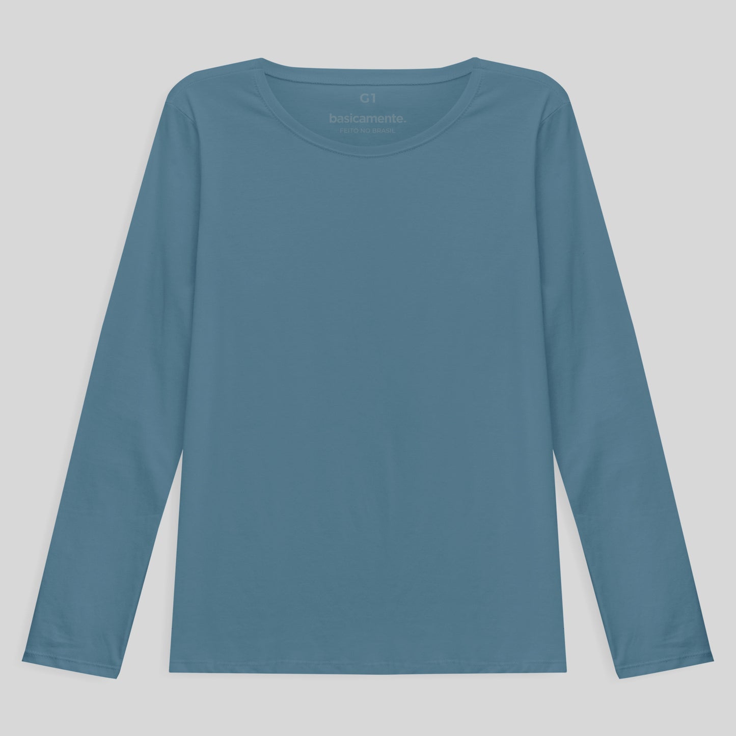 Camiseta Babylook Algodão Premium Manga Longa Gola C Plus Feminina - Azul Celeste