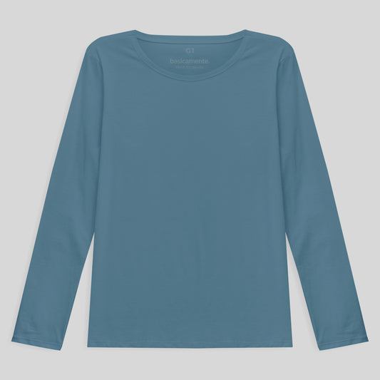 Camiseta Babylook Algodão Premium Manga Longa Gola C Plus Feminina - Azul Celeste