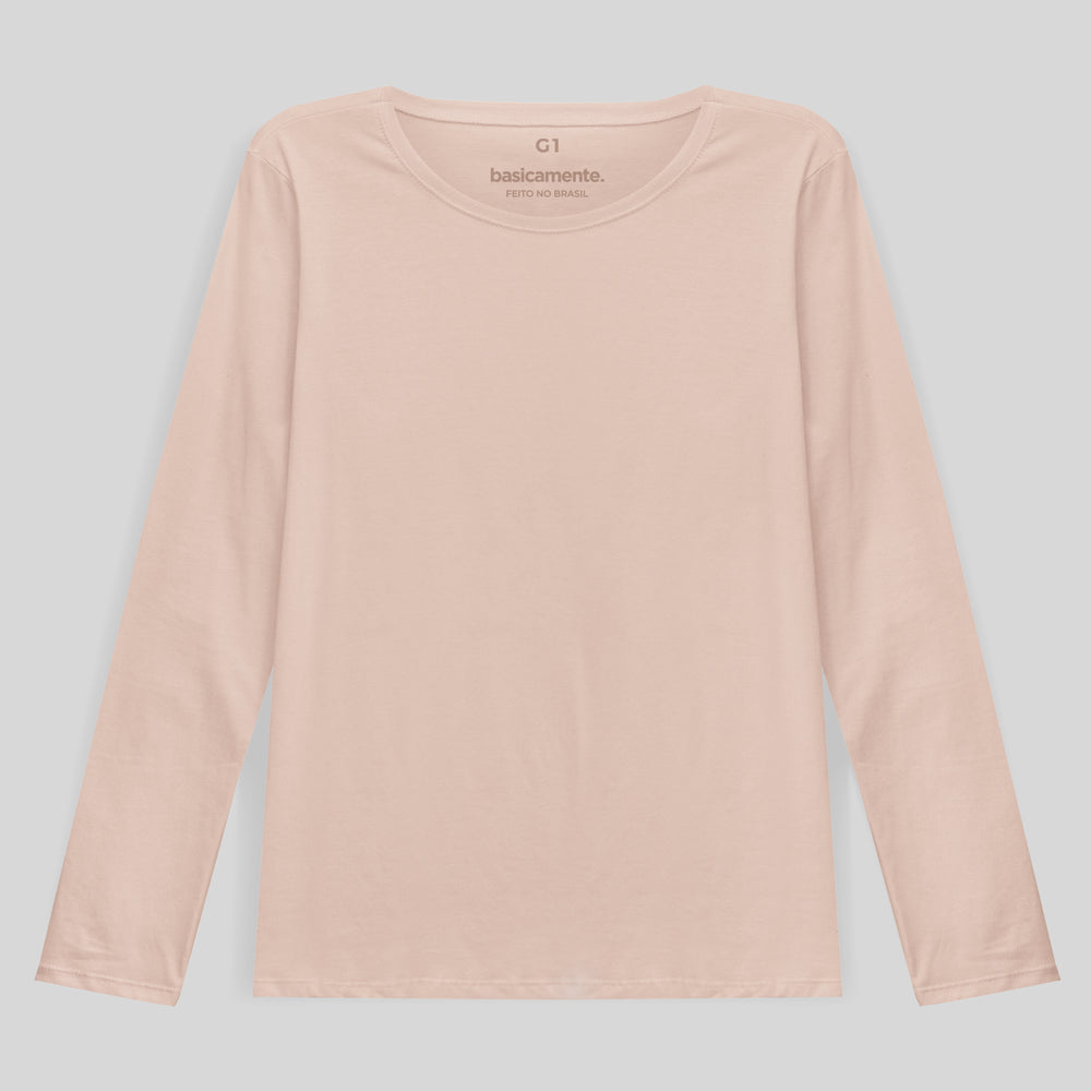 Camiseta Babylook Algodão Premium Manga Longa Gola C Plus Feminina - Rosa Pastel