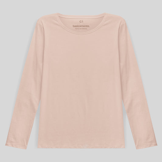 Camiseta Babylook Algodão Premium Manga Longa Gola C Plus Feminina - Rosa Pastel