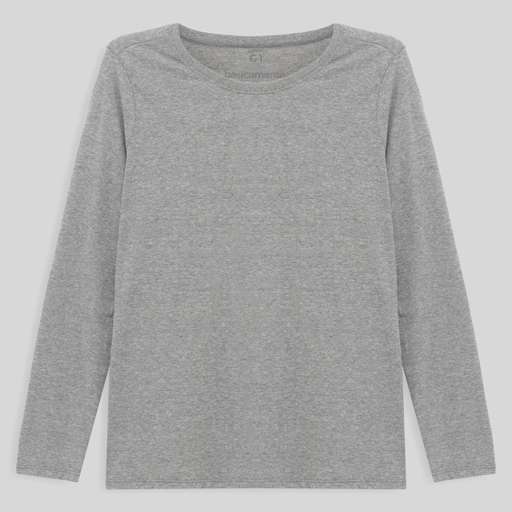 Camiseta Babylook Algodão Premium Manga Longa Gola C Plus Feminina - Mescla Claro
