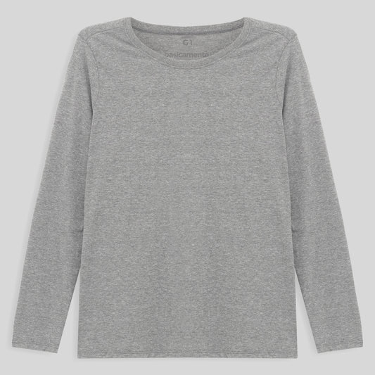 Camiseta Algodão Premium Manga Longa Plus Feminina - Mescla Claro