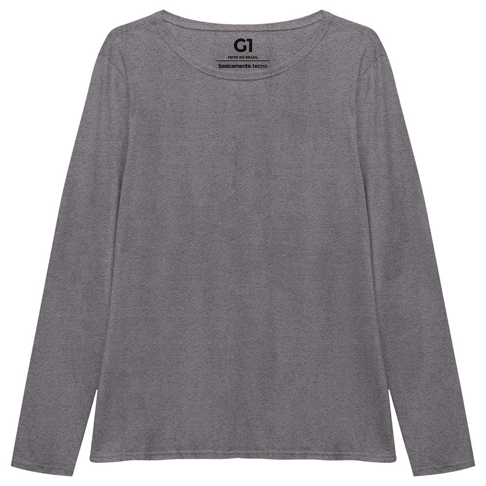 Camiseta Babylook Algodão Premium Manga Longa Gola C Plus Feminina - Mescla Escuro
