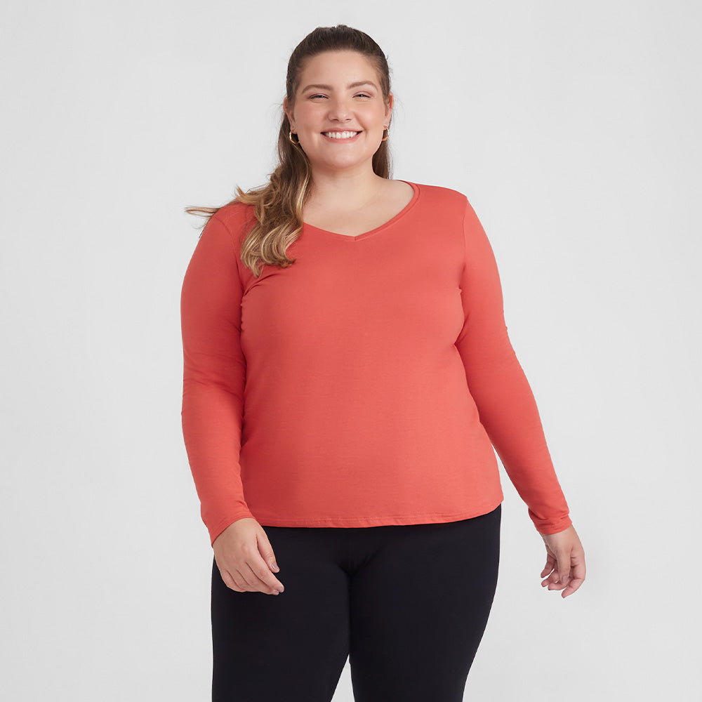 Camiseta Slim Gola V Manga Longa Plus Feminina - Laranja Coral