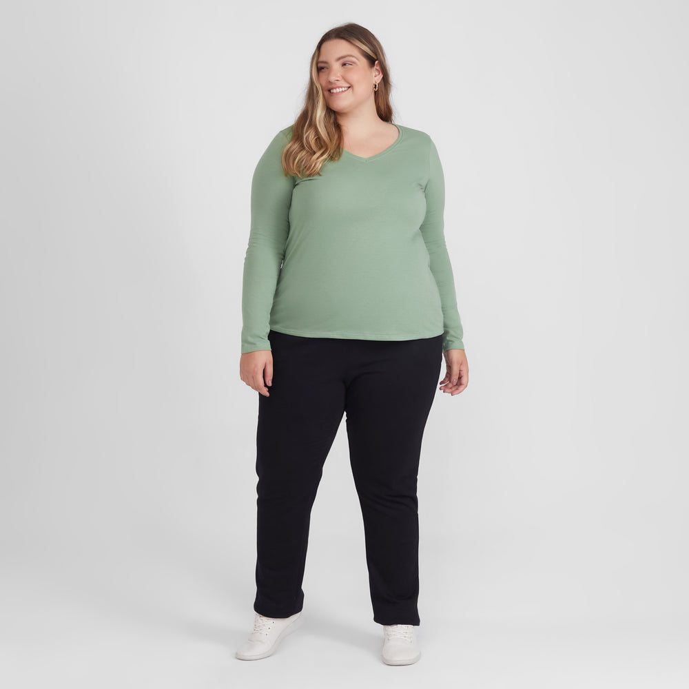 Camiseta Slim Gola V Manga Longa Plus Feminina - Verde Jade