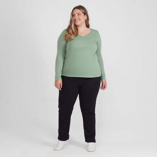 Camiseta Slim Gola V Manga Longa Plus Feminina - Verde Jade