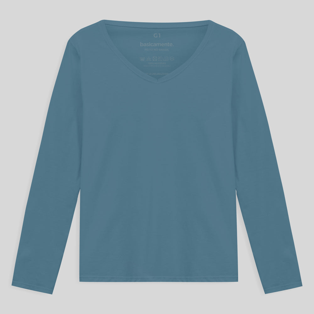 Camiseta Slim Gola V Manga Longa Plus Feminina - Azul Celeste