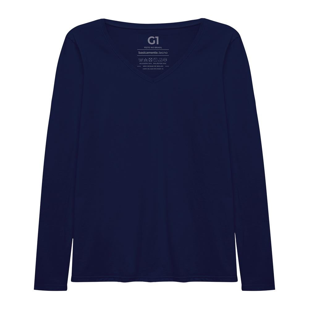 Camiseta Slim Gola V Manga Longa Plus Feminina - Azul Marinho