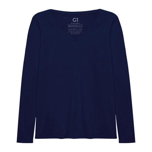 Camiseta Slim Gola V Manga Longa Plus Feminina - Azul Marinho