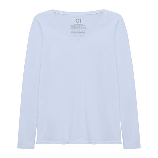 Camiseta Slim Gola V Manga Longa Plus Feminina - Azul Capri