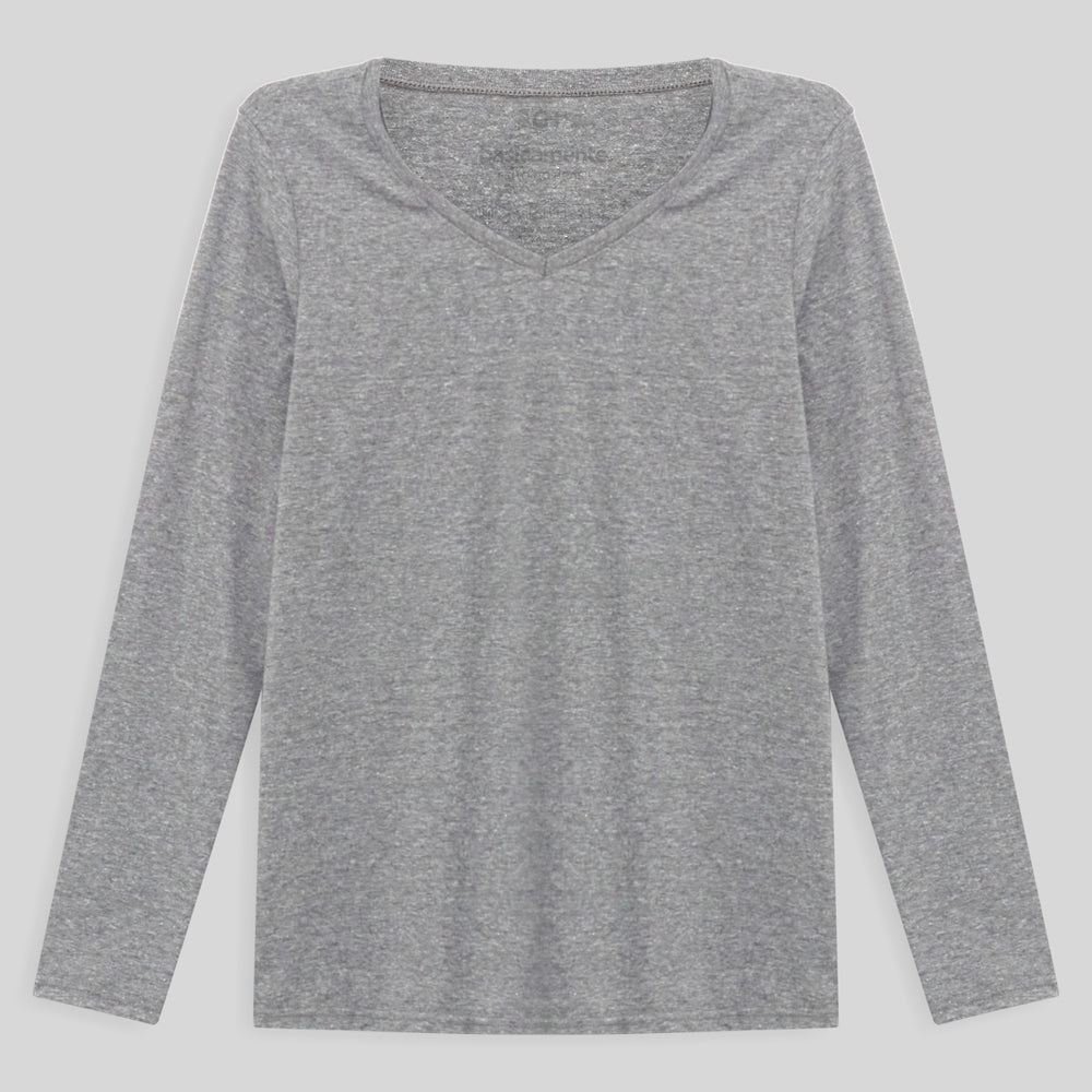 Camiseta Slim Gola V Manga Longa Plus Feminina - Mescla Claro