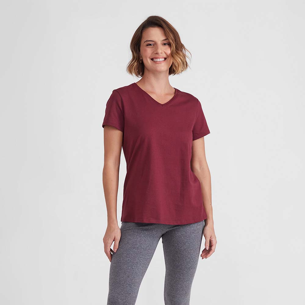 Camiseta Básica Gola V Feminina - Vermelho Vinho