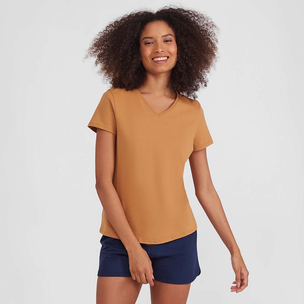 Camiseta Básica Gola V Feminina - Ocre
