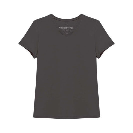 Camiseta Básica Gola V Feminina - Chumbo