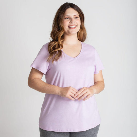 Camiseta Básica Gola V Plus Feminina - Lilás Lavanda