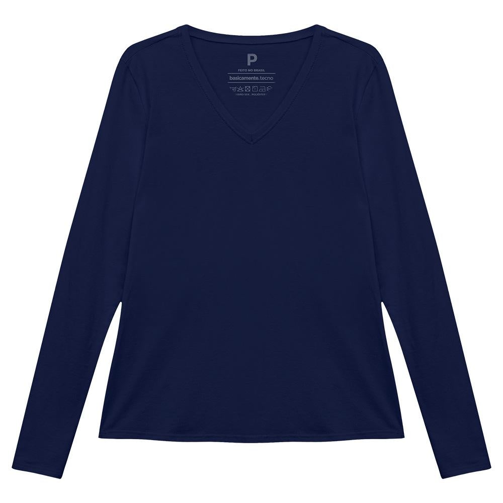 Camiseta Básica Manga Longa Gola V Feminina - Azul Marinho