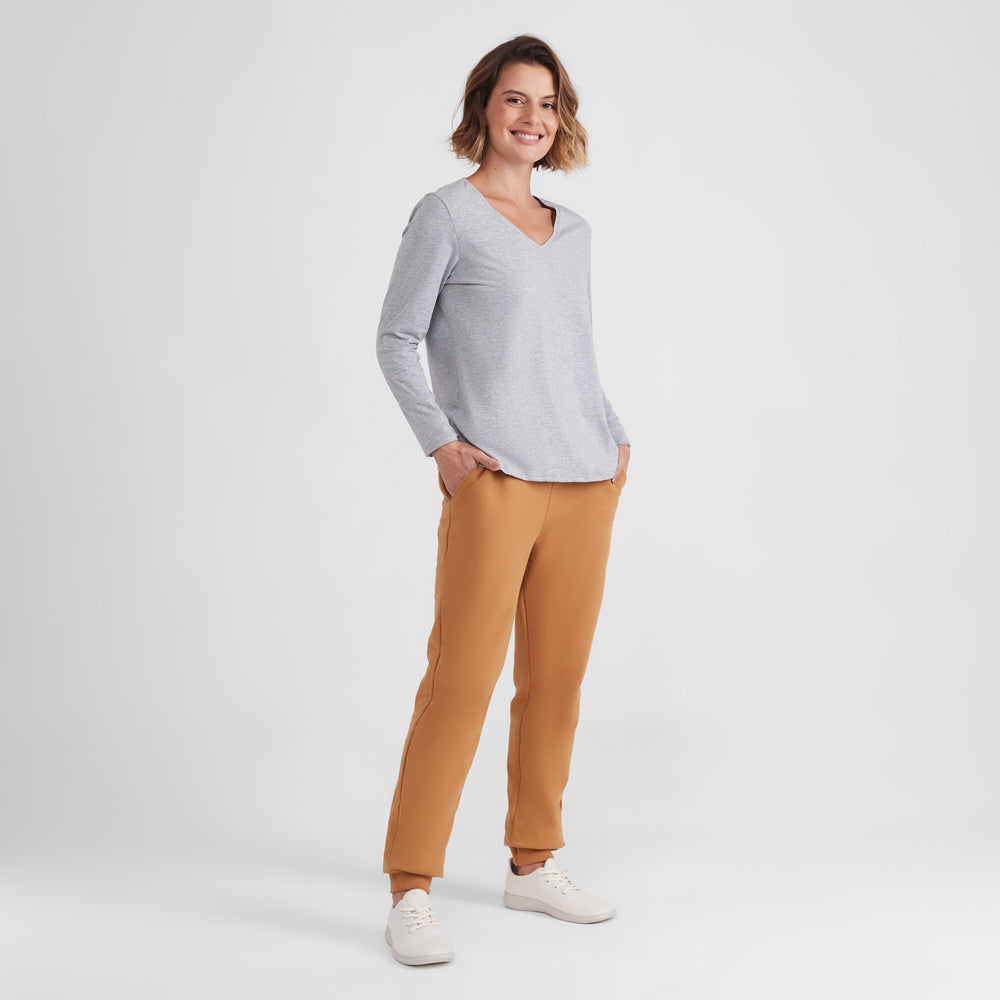 Camiseta Básica Manga Longa Gola V Feminina - Mescla Claro