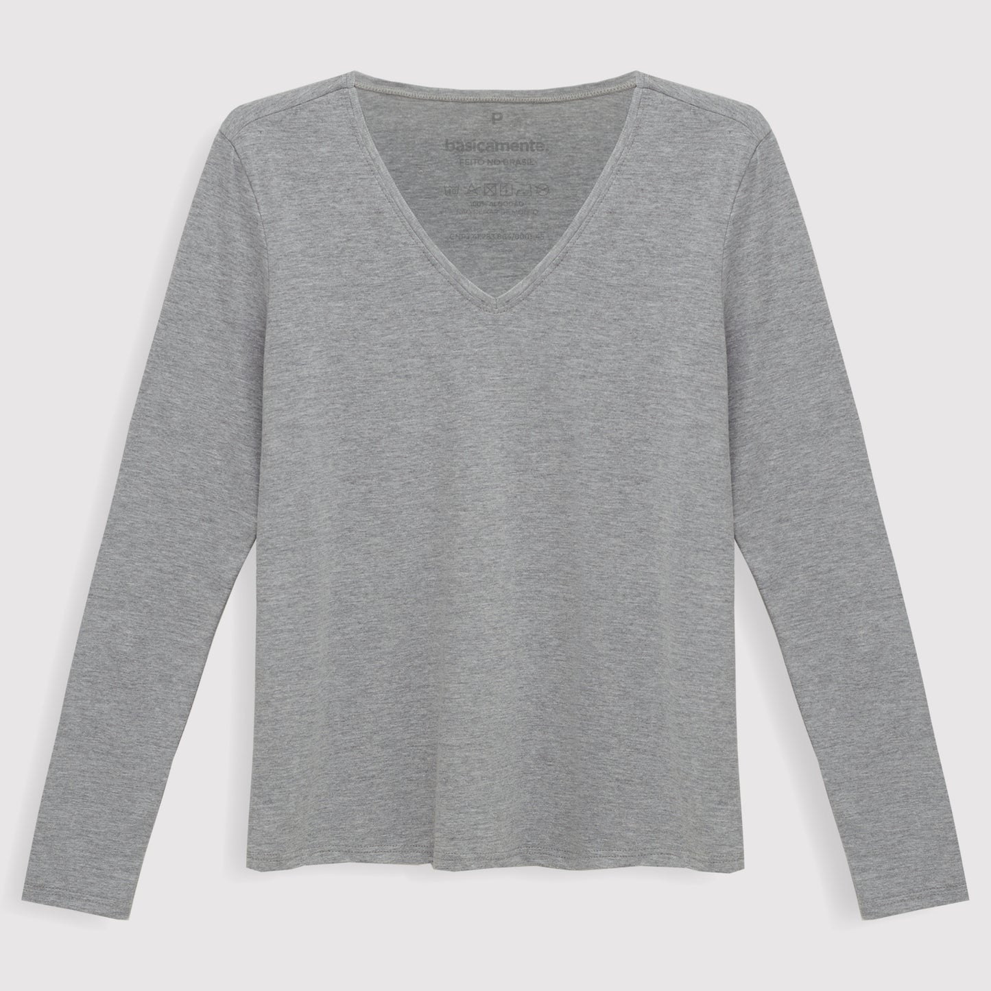 Camiseta Básica Manga Longa Gola V Feminina - Mescla Claro