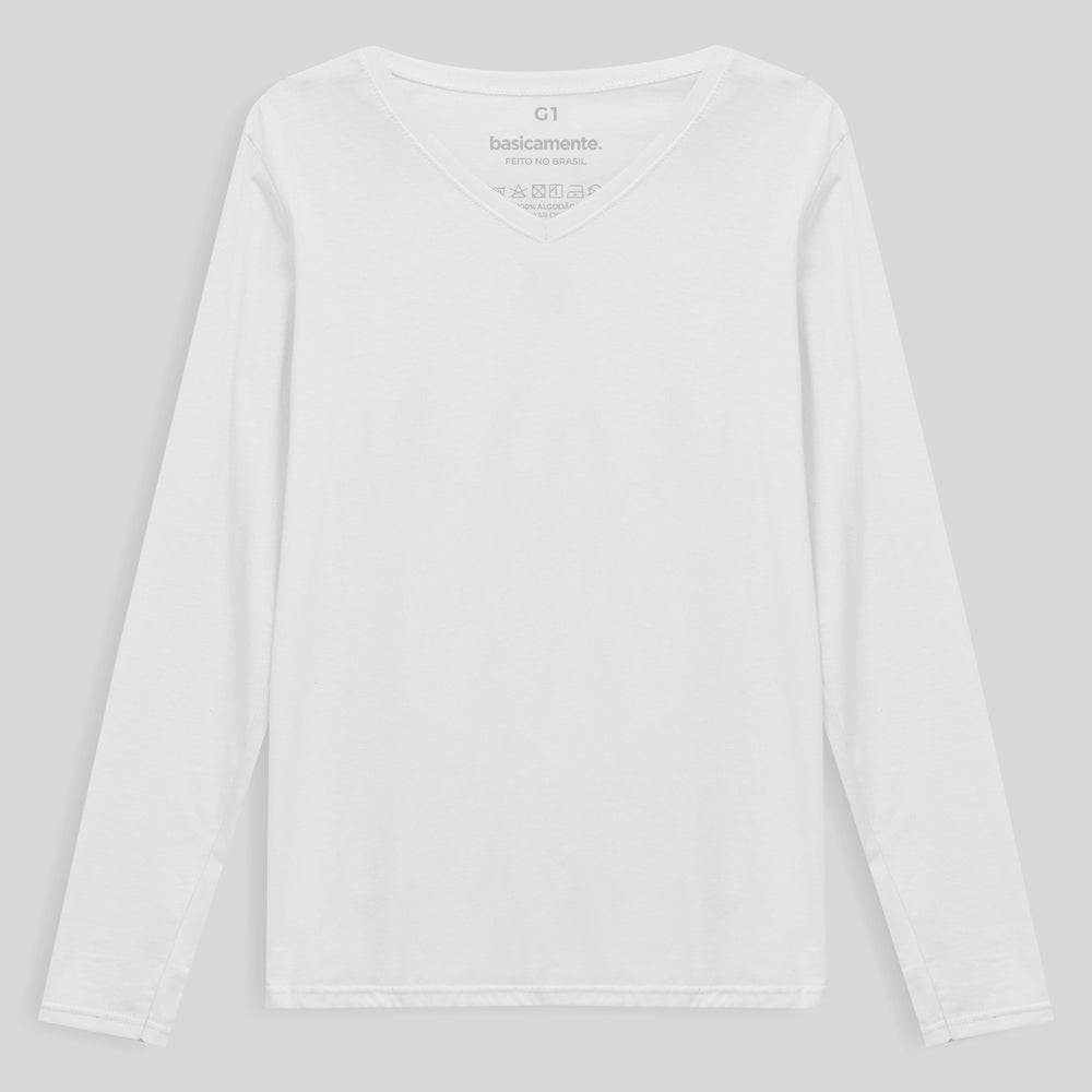 Camiseta Babylook Algodão Premium Manga Longa Gola V Plus Feminina - Branco
