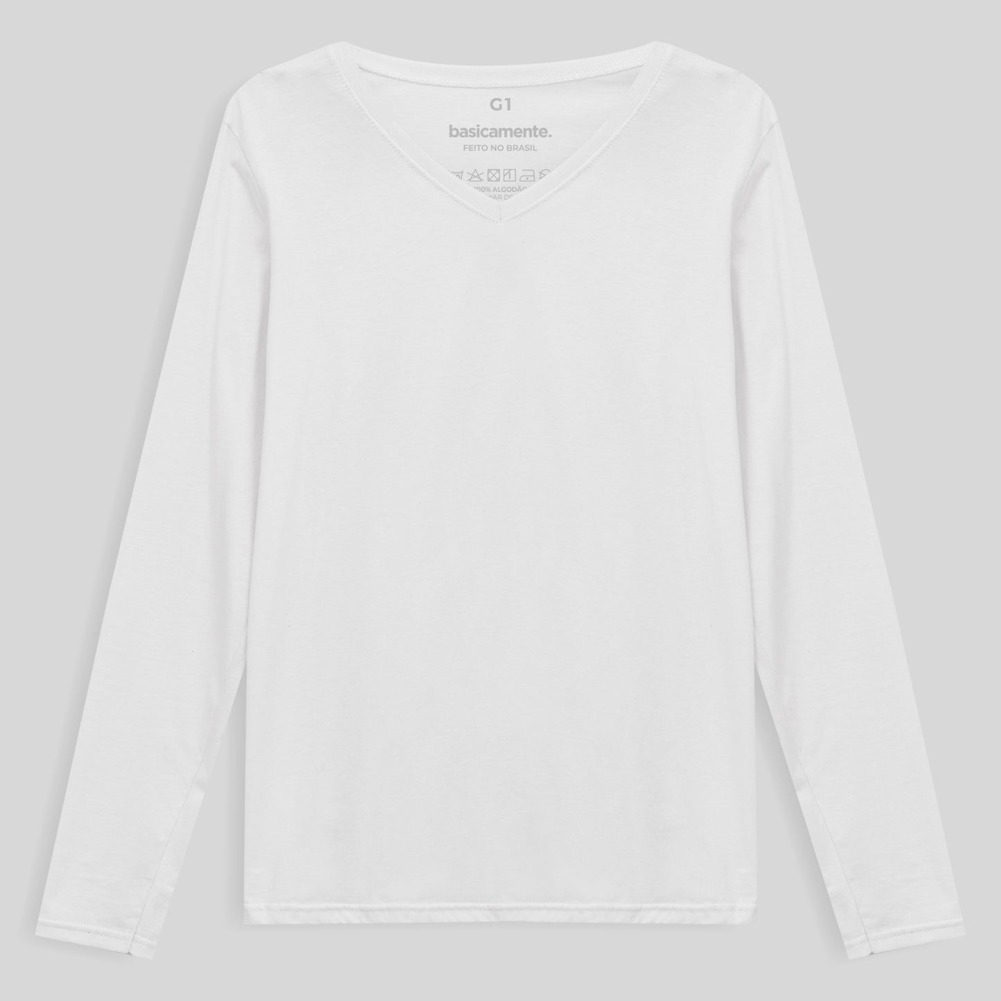 Camiseta Babylook Algodão Premium Manga Longa Gola V Plus Feminina - Branco