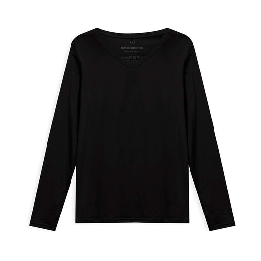 Camiseta Babylook Algodão Premium Manga Longa Gola V Plus Feminina - Preto