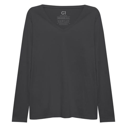 Camiseta Babylook Algodão Premium Manga Longa Gola V Plus Feminina - Cinza Ardósia