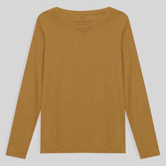 Camiseta Babylook Algodão Premium Manga Longa Gola V Plus Feminina - Ocre