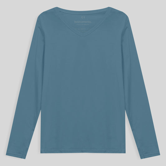 Camiseta Babylook Algodão Premium Manga Longa Gola V Plus Feminina - Azul Celeste