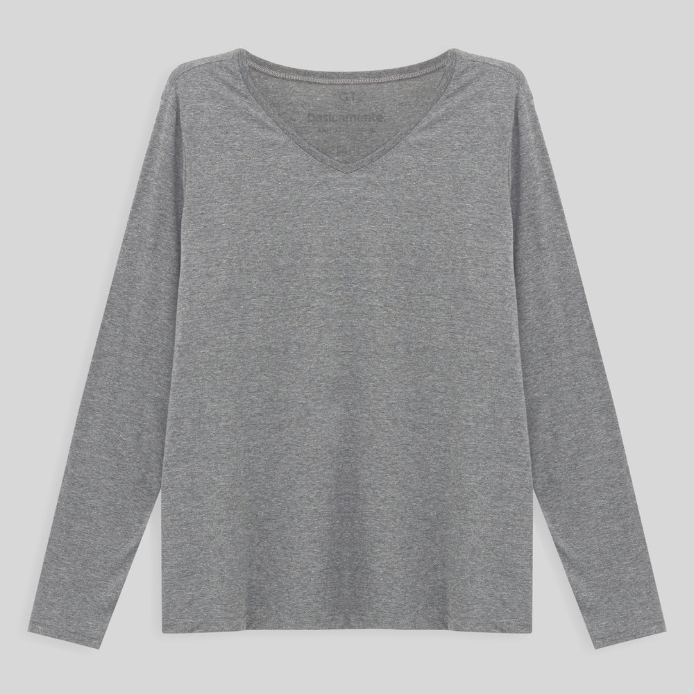 Camiseta Babylook Algodão Premium Manga Longa Gola V Plus Feminina - Mescla Claro