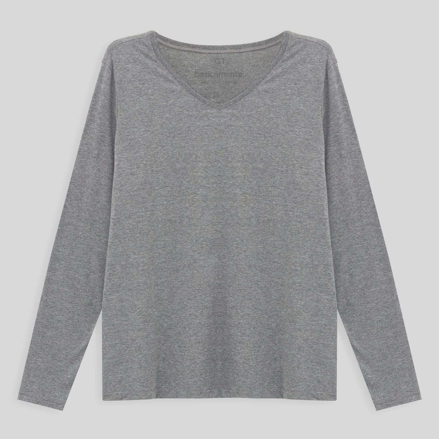 Camiseta Babylook Algodão Premium Manga Longa Gola V Plus Feminina - Mescla Claro