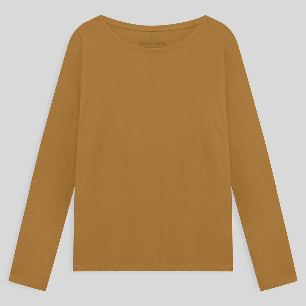 Camiseta Básica Manga Longa Plus Feminina - Ocre