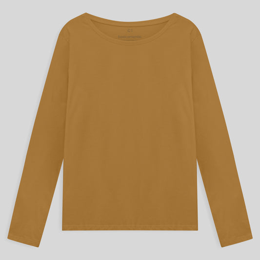 Camiseta Básica Manga Longa Plus Feminina - Ocre