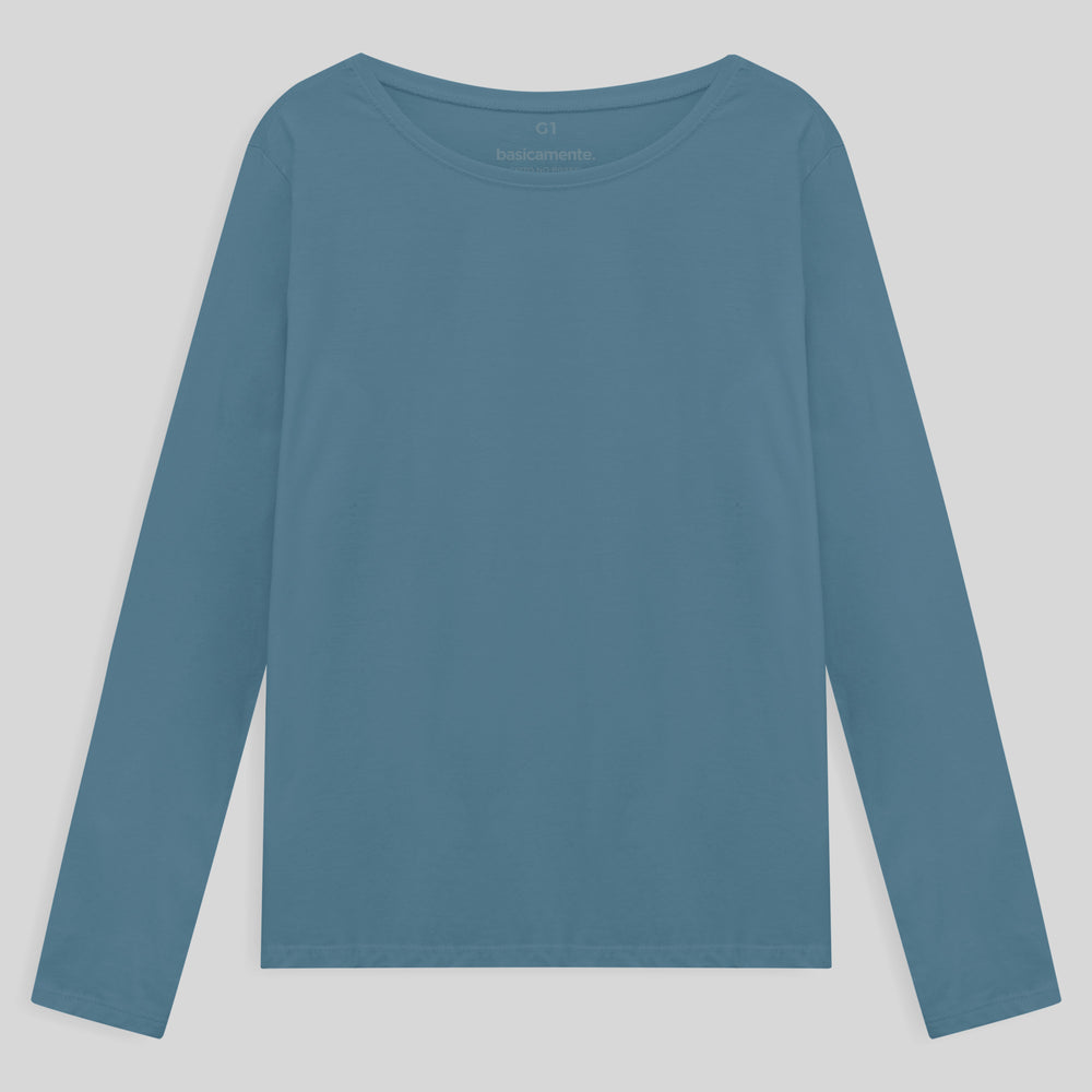 Camiseta Básica Manga Longa Plus Feminina - Azul Celeste