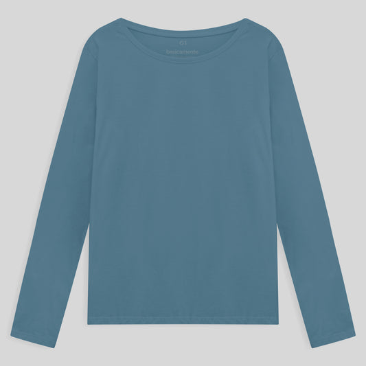 Camiseta Básica Manga Longa Plus Feminina - Azul Celeste