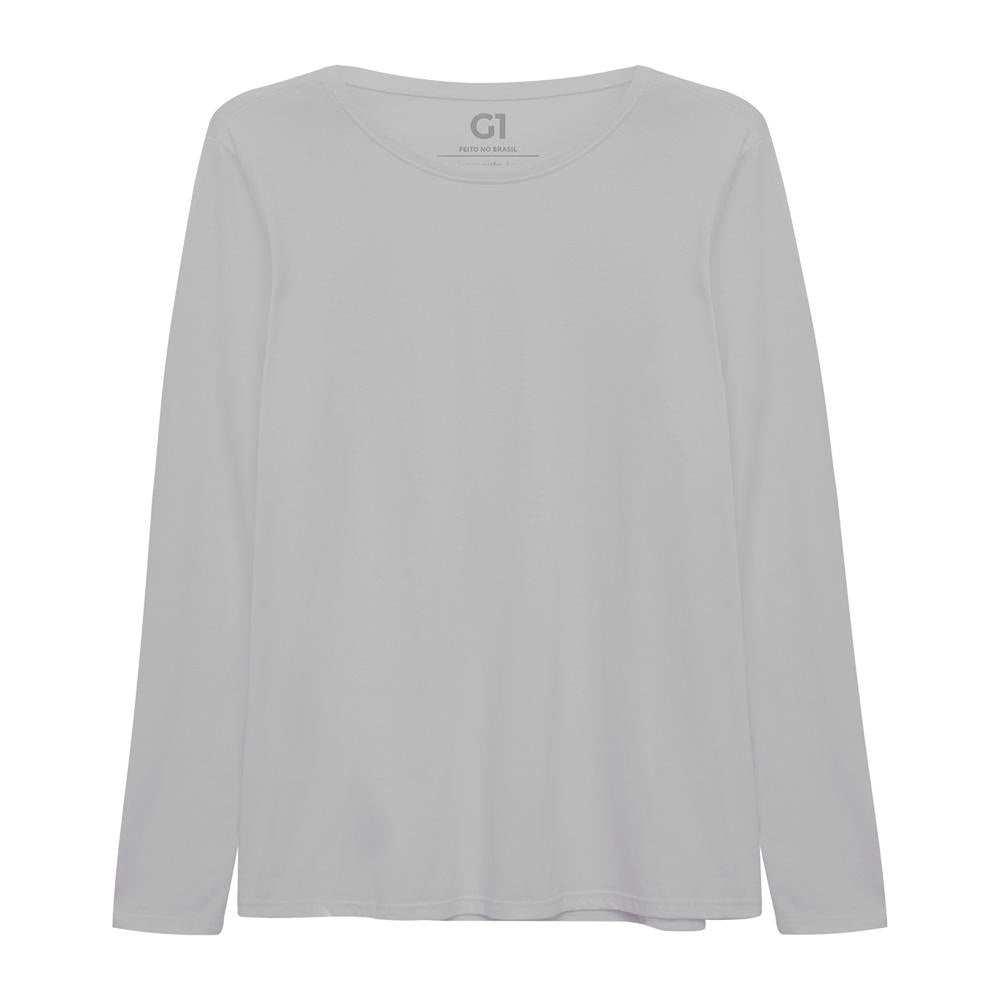 Camiseta Básica Manga Longa Plus Feminina - Cinza Areia