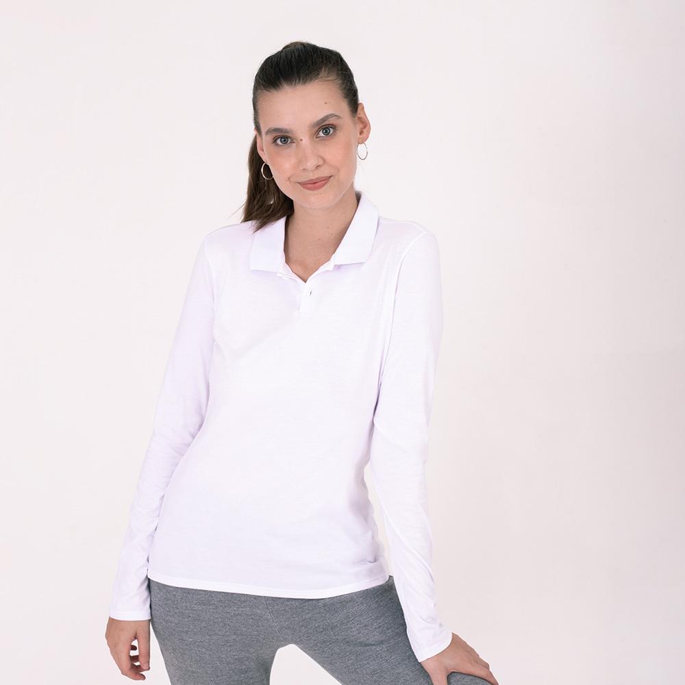 Camisa Polo Manga Longa Feminina - Branco