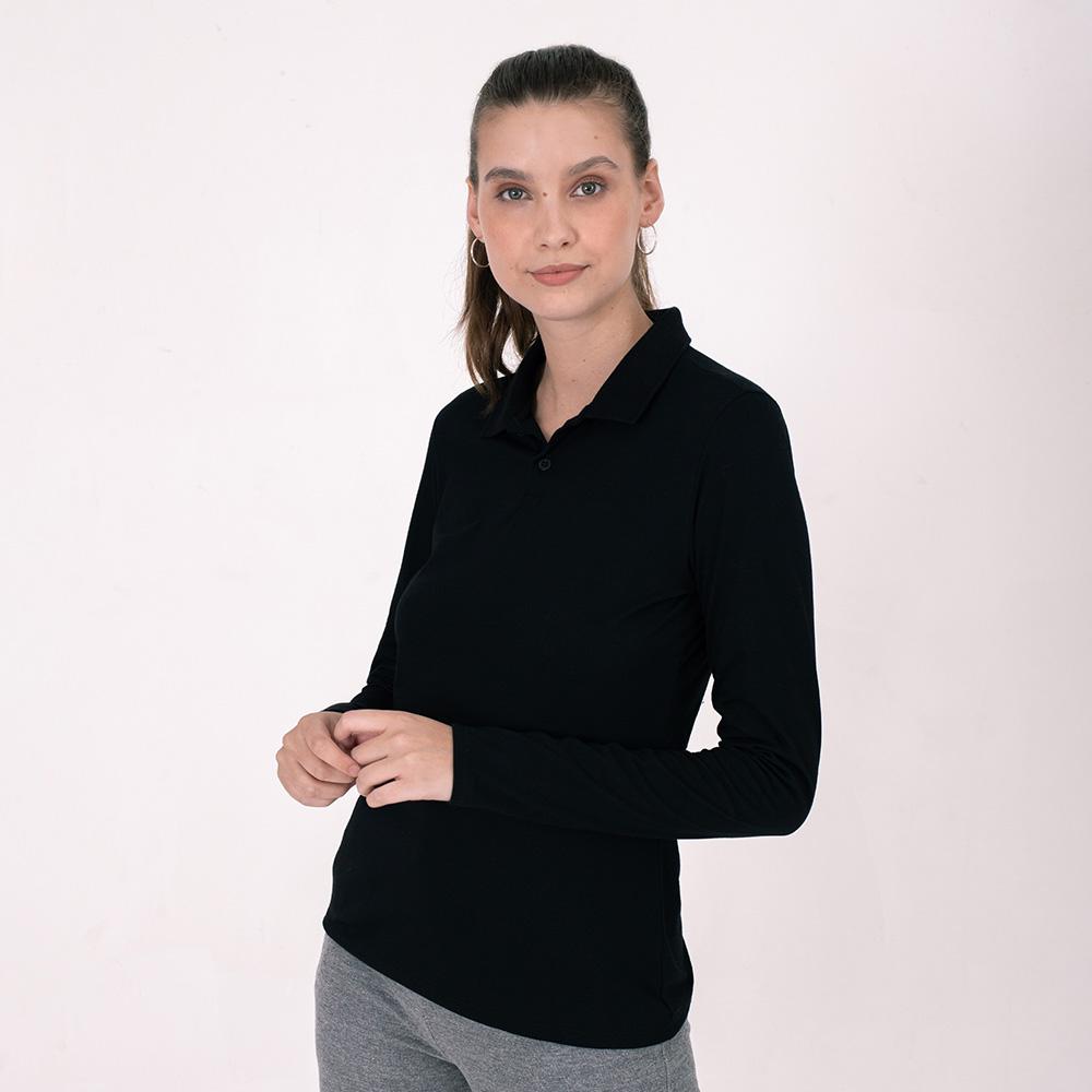 Camisa Polo Manga Longa Feminina - Preto