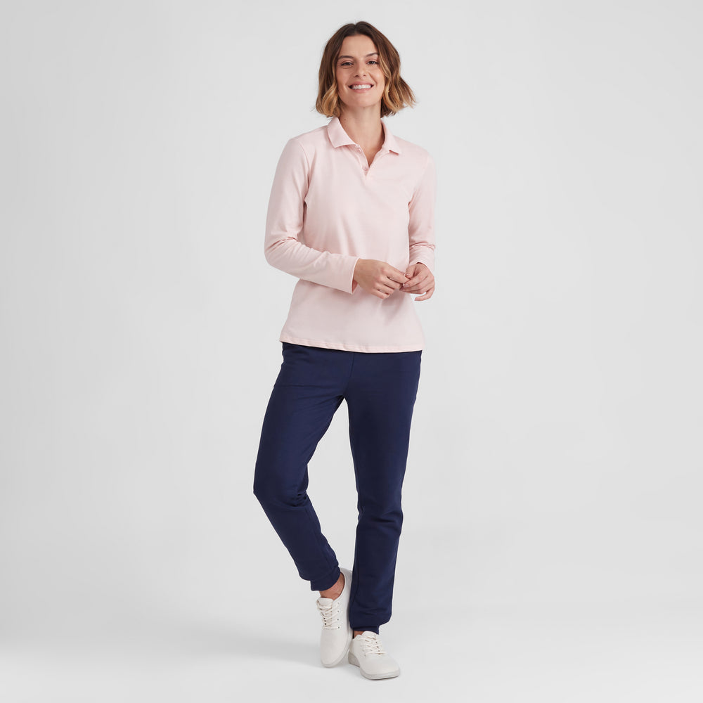 Camisa Polo Manga Longa Feminina - Rosa Pastel
