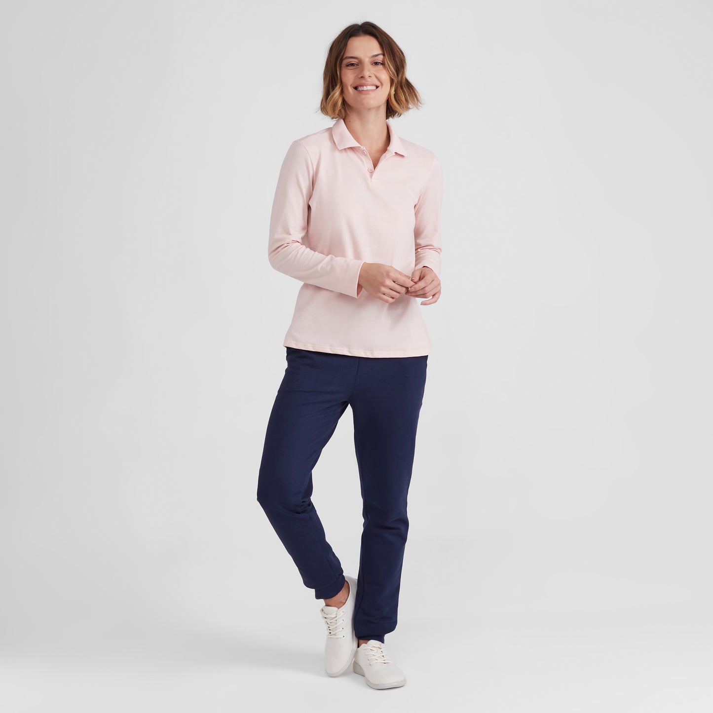 Camisa Polo Manga Longa Feminina - Rosa Pastel