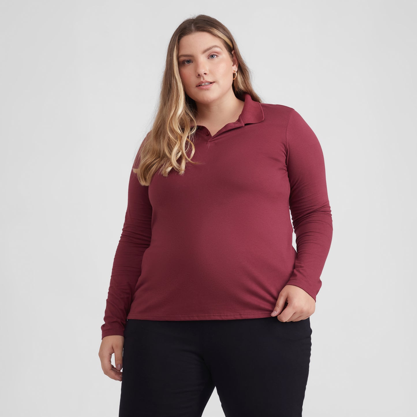 Camisa Polo Manga Longa Plus Feminina - Vermelho Vinho