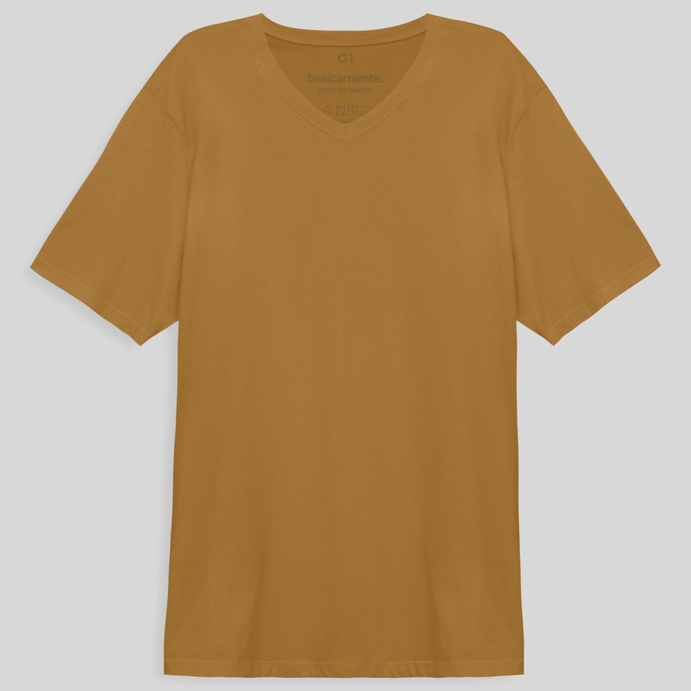 Camiseta Básica Gola V Plus Masculina - Ocre