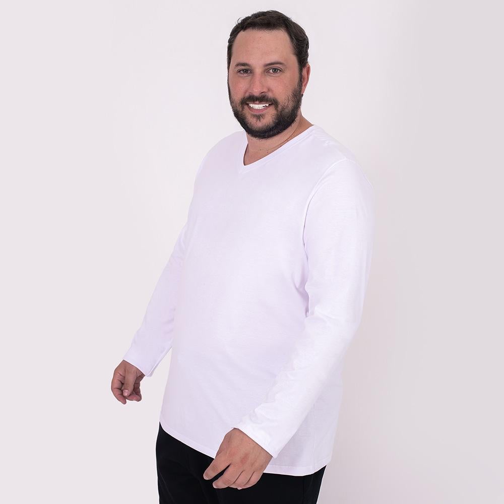 Camiseta Básica Gola V Manga Longa Plus Masculina - Branco