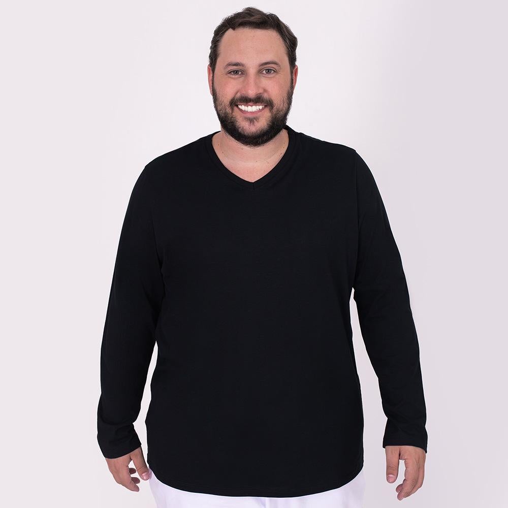 Camiseta Básica Gola V Manga Longa Plus Masculina - Preto